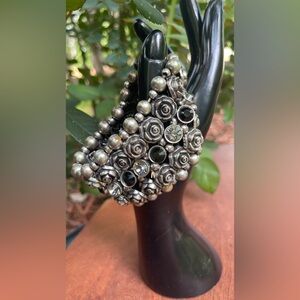 Silver, Rhinestone and Roses Bracelet Stretches to fit any size